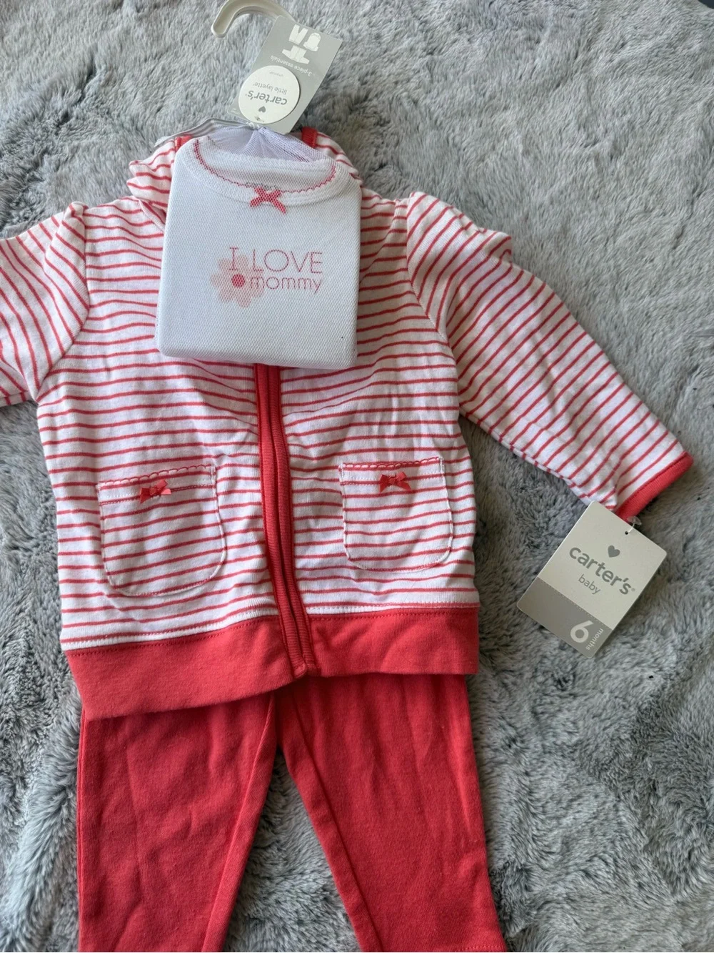 Carter's Coral Pink Striped Zip Hoodie with Solid Coral Pants & Bib